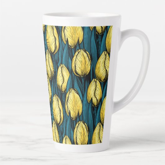 Gele tulpen met blauwe bladeren latte mok (Rechts)
