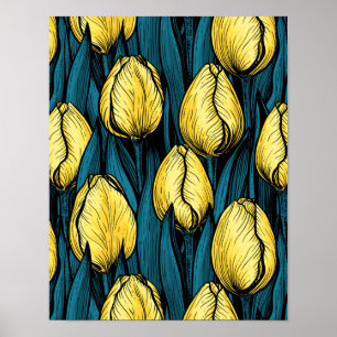 Gele tulpen met blauwe bladeren poster