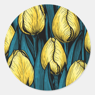 Gele tulpen met blauwe bladeren ronde sticker