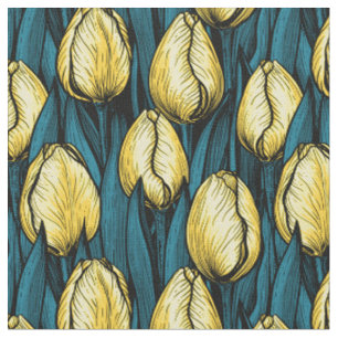 Gele tulpen met blauwe bladeren stof