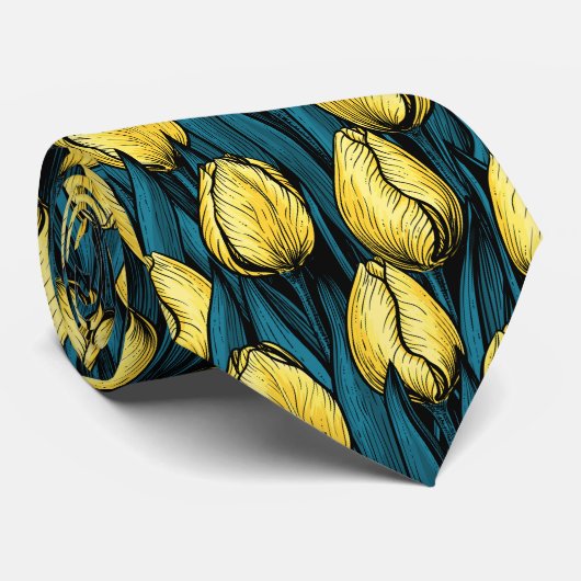 Gele tulpen met blauwe bladeren stropdas (Opgerold)