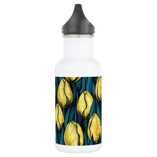 Gele tulpen met blauwe bladeren waterfles  (Links)