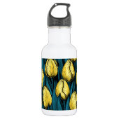 Gele tulpen met blauwe bladeren waterfles  (Voorkant)