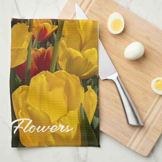 Gele tulpen met lakkop, keukendoek theedoek (Quarter Fold)