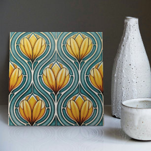 Gele tulpen op blauwe symmetrische art nouveau tegeltje