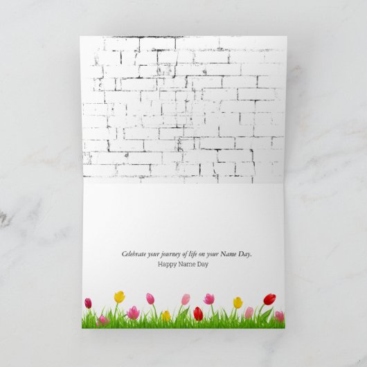 Gele Tulpen op brick Name Day Kaart (Binnen)