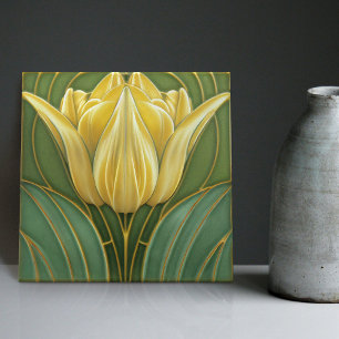 Gele tulpen symmetrische wanddecoratie art nouveau tegeltje