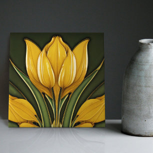 Gele tulpen symmetrische wanddecoratie Art Nouveau Tegeltje