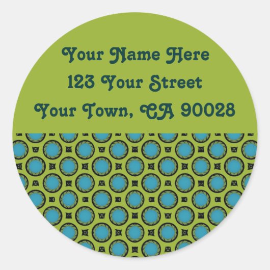 Gele turquoise cirkels adresetiketten ronde sticker (Voorkant)