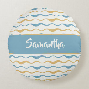 Gele & Turquoise Golven Gepersonaliseerde Nautilus Rond Kussen