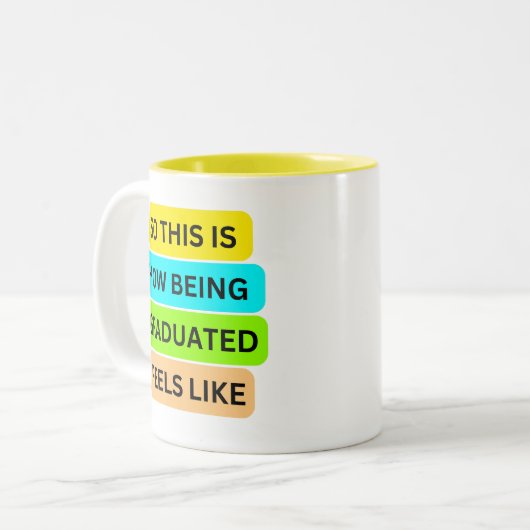 Gele tweetonige mok SO_THIS_IS_HOW_BEING_GRADUATED (Voorkant links)