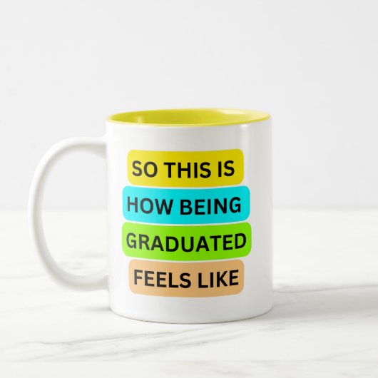 Gele tweetonige mok SO_THIS_IS_HOW_BEING_GRADUATED (Links)