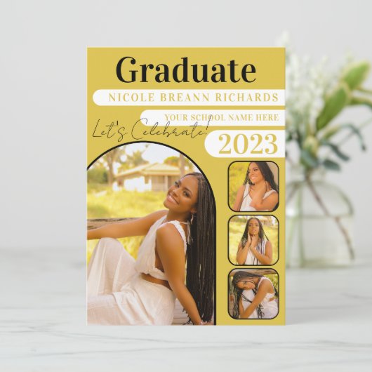 Gele Typografie Foto Afstuderen Aankondiging (Staand voorkant)