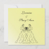 Gele uitnodiging tot weddenschap met lesbiennes (Achterkant)