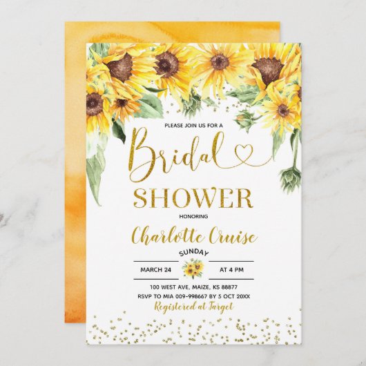 Gele uitnodiging voor de douche op zonnebloembruin (Voorkant / Achterkant)