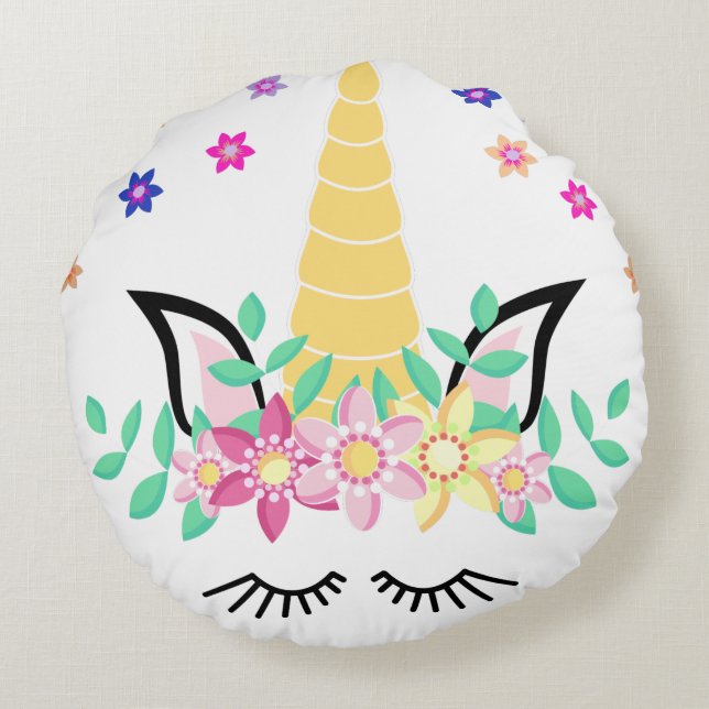 Gele Unicorn Flower Round Pillow Rond Kussen (Achterkant)