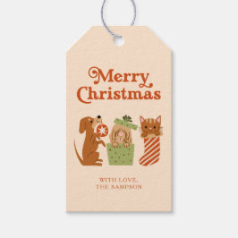 Gele Vakantie Kat Hond Vrolijk Kerstfeest Cadeaulabel