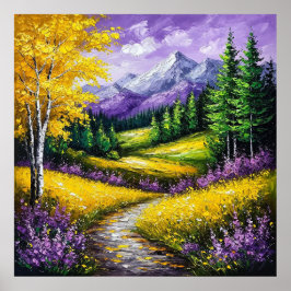 Gele velden, bloemen, besneeuwde bergen poster