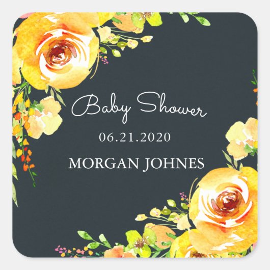gele velden florale baby shower monogram vierkante sticker (Voorkant)