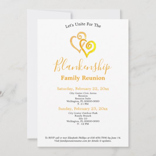 Gele verbonden harten Gezin Reunion Sjabloon Kaart (Voorkant)