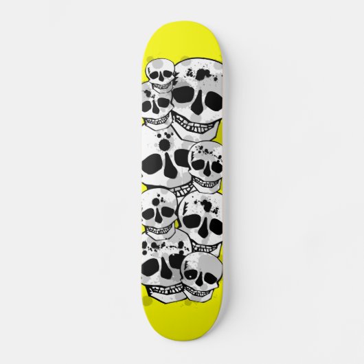 Gele verf splatter schedels zwart skateboard dek (Voorkant)