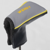Gele vervaagde aangepaste tekst op grijs golfheadcover (3/4 voorkant)