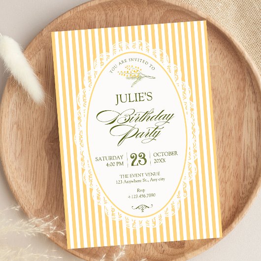 Gele vintage choquette verjaardag kaart