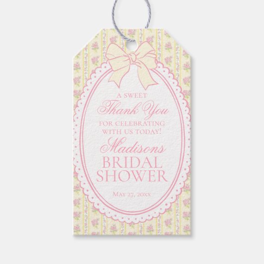 Gele Vintage Fancy Bloemige Bruiloftsshower Favore Cadeaulabel (Voorkant)