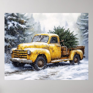 Gele Vintage Pick-up Truck Kerstboom Poster