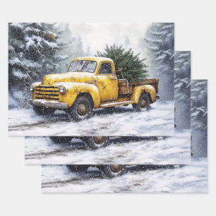 Gele Vintage Pickup Truck Kerstboom Inpakpapier Vel
