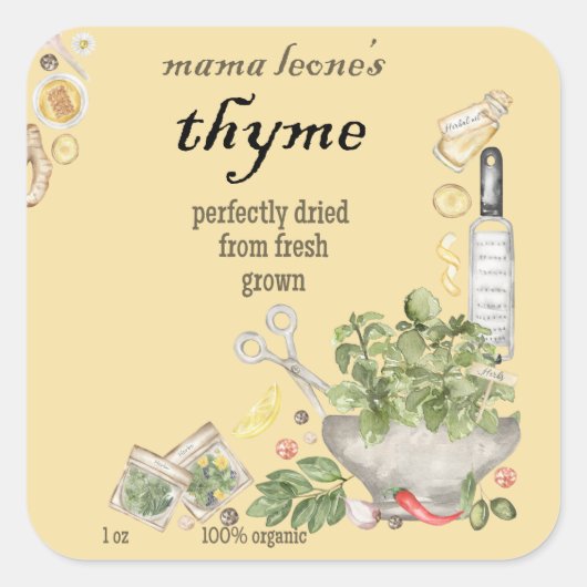 Gele vintage rozemarijn pot fles vierkante sticker (Voorkant)