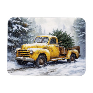Gele Vintage Truck Kerstboom Flexibel Magneet