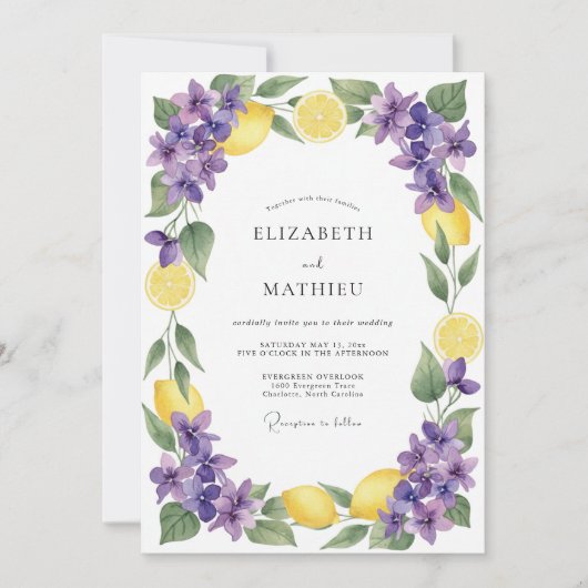 Gele Violet Stralende Citrus Bruiloft Kaart (Voorkant)