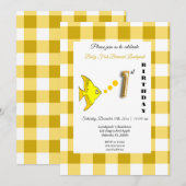 Gele vis & Gingham gouden ballon 1e verjaardag Kaart (Voorkant / Achterkant)