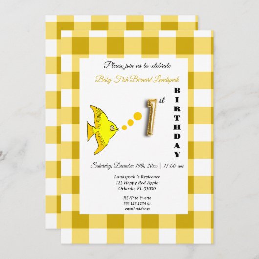 Gele vis & Gingham gouden ballon 1e verjaardag Kaart (Voorkant / Achterkant)
