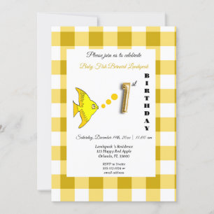 Gele Vis & Gingham Gouden Ballon 1e Verjaardag Kaart
