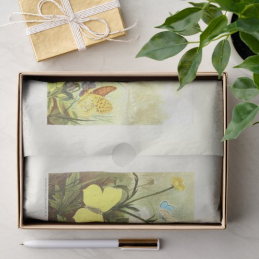 Gele Vlinder Bloemen Ephemera Decoupage Frans Tissuepapier (Geschenk)