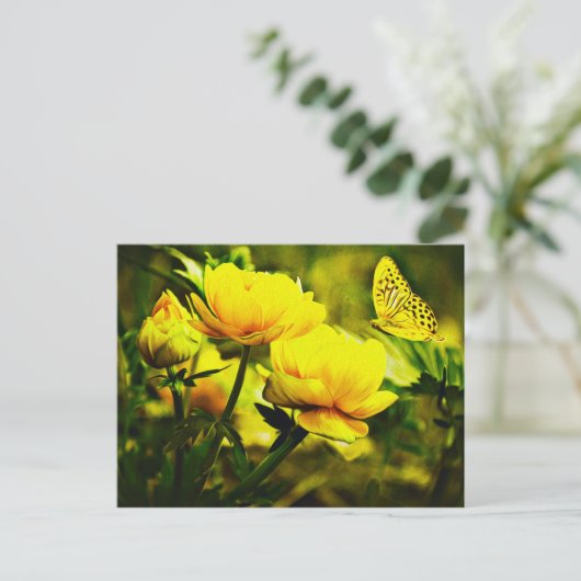 Gele vlinder en Roos Briefkaart (Staand voorkant)