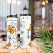 Gele vlinder en zwart & wit bloemen citaat thermosbeker