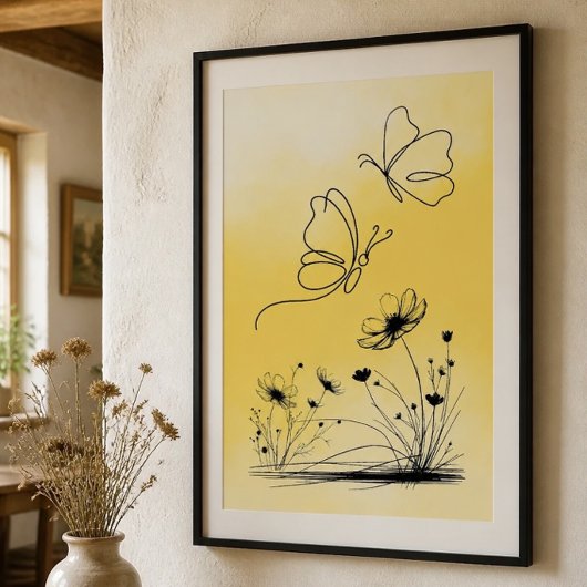 Gele Vlinder Lijntekening Poster