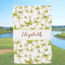  gele vlinder met aangepaste naam dames golfhanddoek