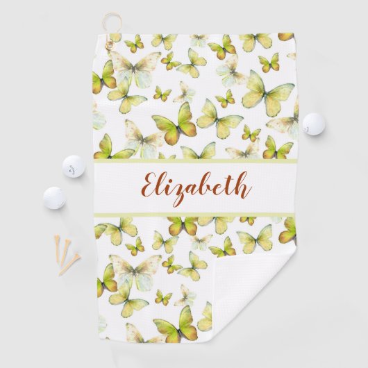 gele vlinder met aangepaste naam dames golfhanddoek (Insitu)