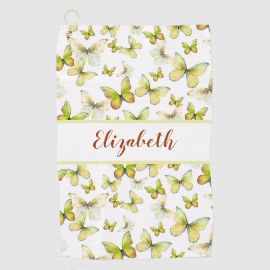 gele vlinder met aangepaste naam dames golfhanddoek (Voorkant)