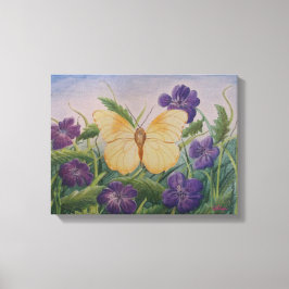 Gele vlinder met bloemen canvas afdruk