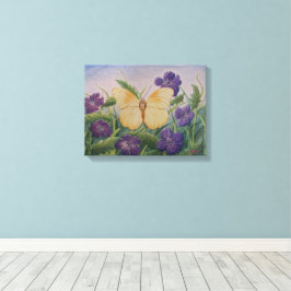 Gele vlinder met bloemen canvas afdruk