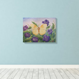 Gele vlinder met bloemen canvas afdruk
