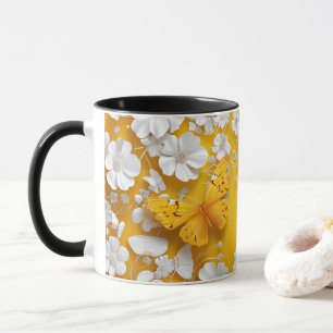Gele vlinder met kleine witte bloemetjes mok
