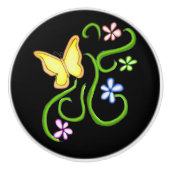 Gele Vlinder met Lente Bloemen Keramische Knop (Voorkant)