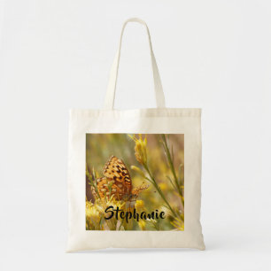 Gele vlinder met persoonlijke naam tote bag