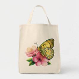 Gele vlinder op kersenbloesems tote bag